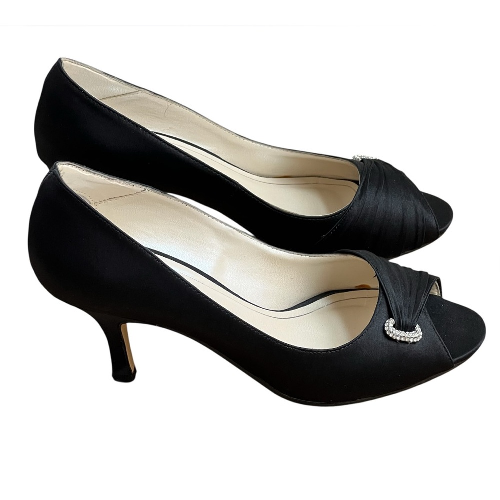 Caparros Black Satin Rhinestone Embellished Peep Toe Pumps Dressy Heels 9B